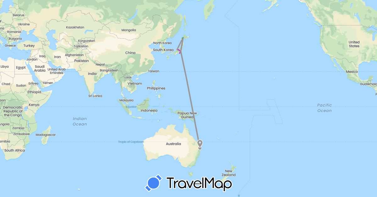 TravelMap itinerary: driving, bus, plane, train in Australia, Japan (Asia, Oceania)